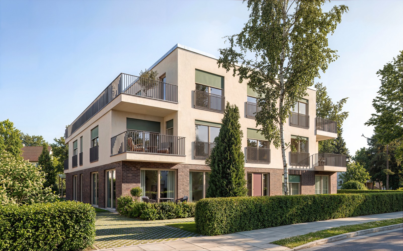 Außenansicht Flurstraße 205: dreigeschossiger KfW-40-Neubau mit Klinker-Erdgeschoss, Balkonen und Dachterrassen (Visualisierung)